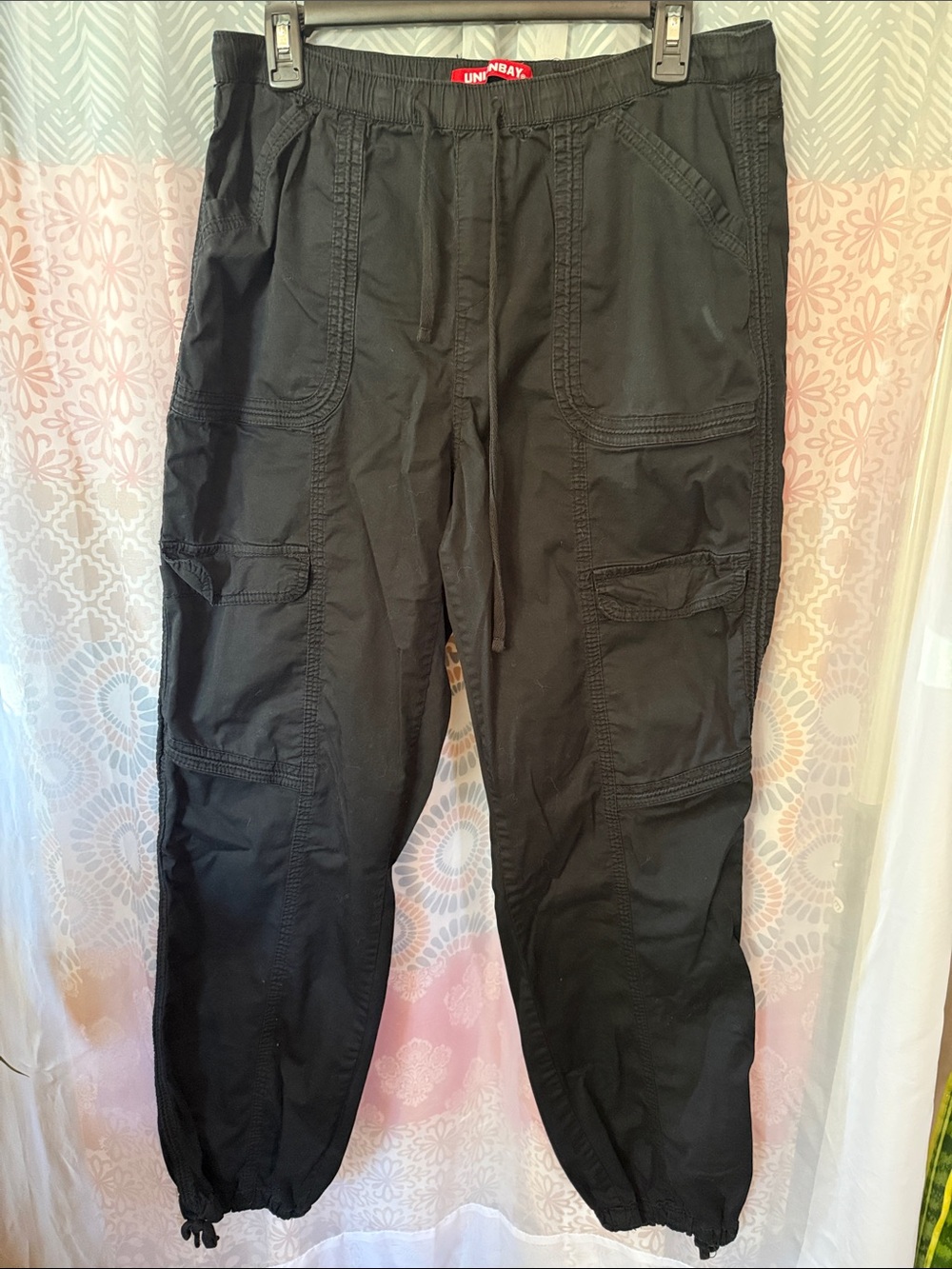 UNIONBAY Womens XL Black Cargo Pants Joggers Cinch Hem Utility Y2K Pull On